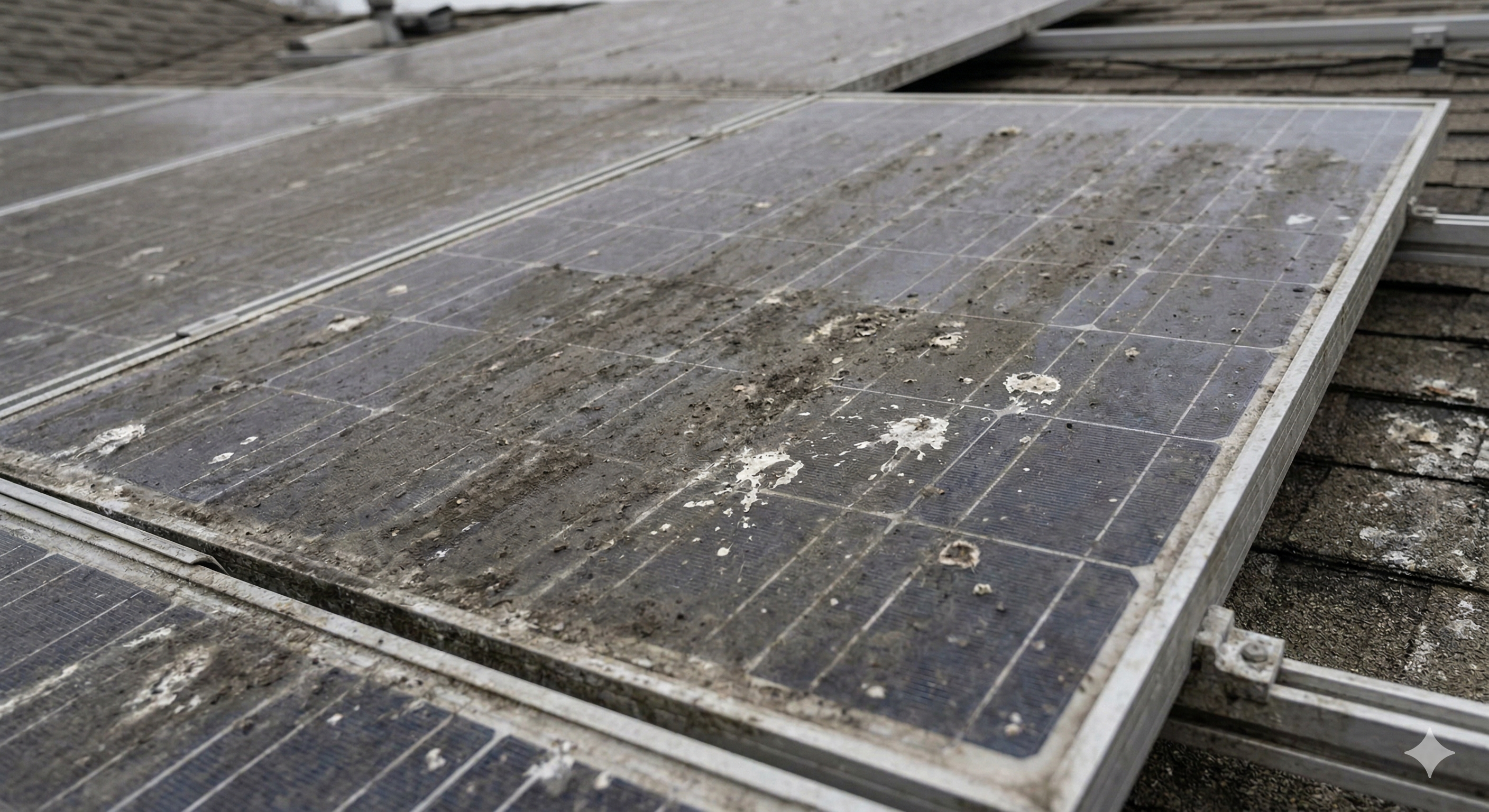 Before solar panel cleaning - dusty salt-covered panels losing energy output