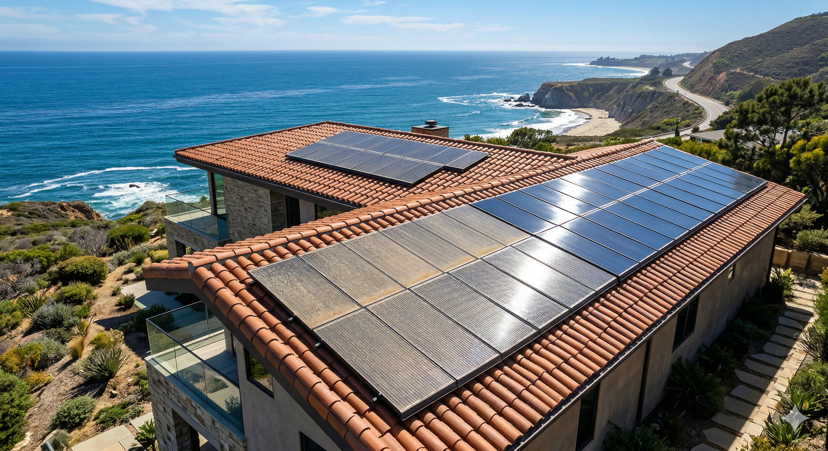 Solar panel cleaning service on a rooftop in Newport Beach, Orange County